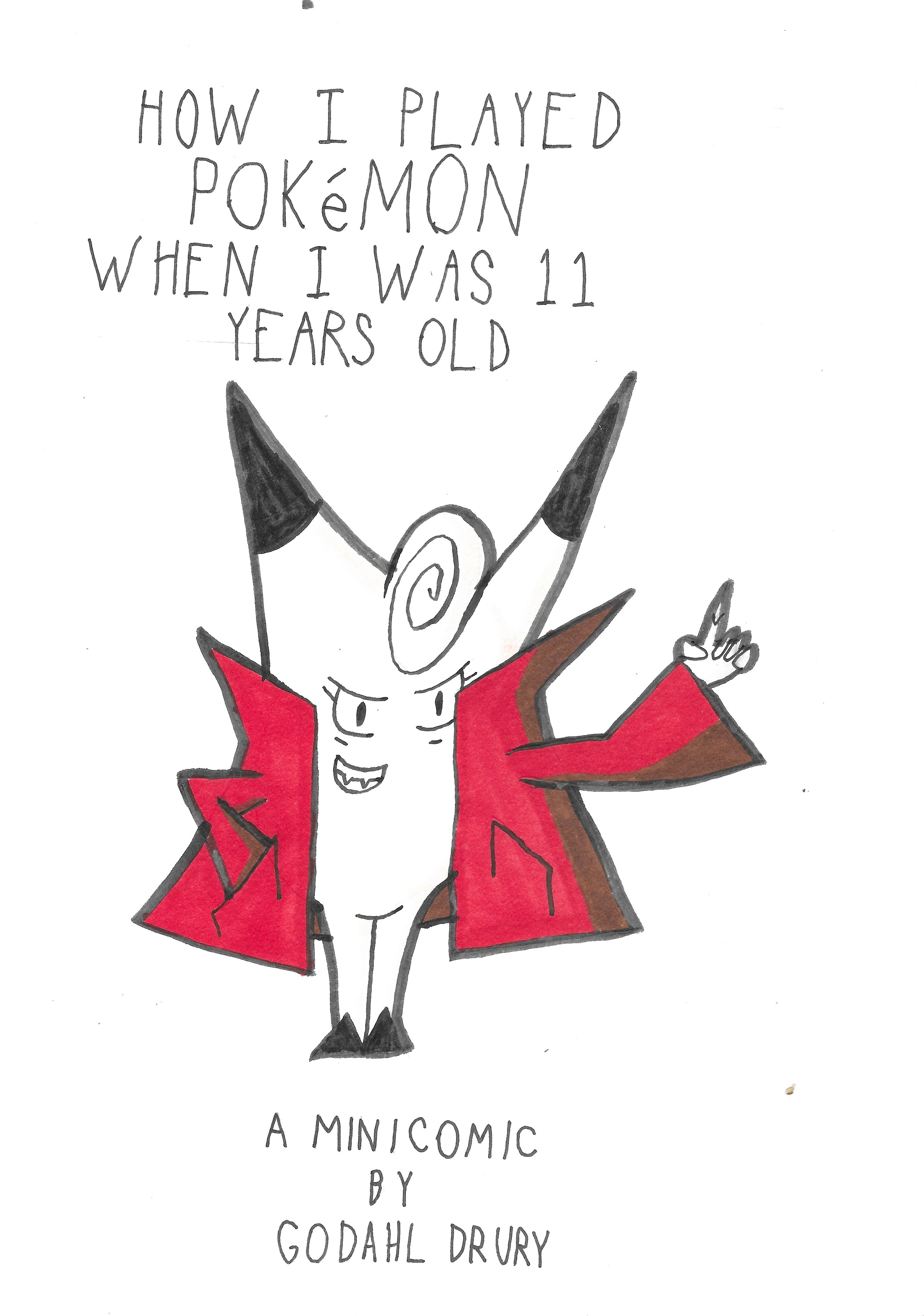 How I played Pokemon when I was eleven years old, by Godahl Drury. Image shows a Clefairy in a brown leather jacket.