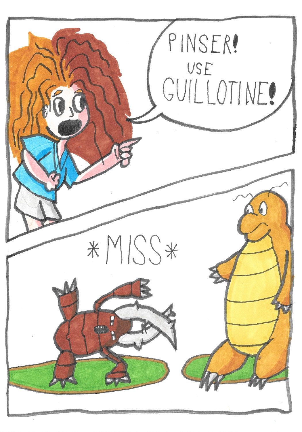 A Pokemon trainer calls out, Pinser, use Guillotine! The trainer's Pinsir then attempts to use Guillotine on a Dragonite, but misses.