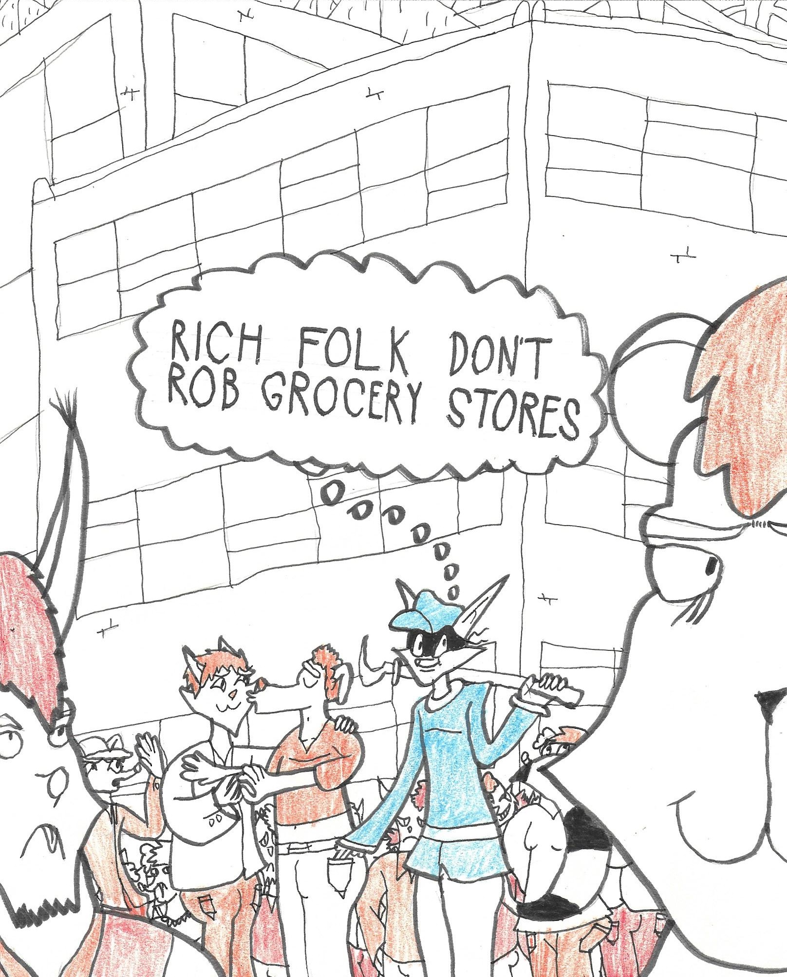 Sly Cooper is pickpocketing some people in a crowd. He thinks: Rich folk don't rob grocery stores.