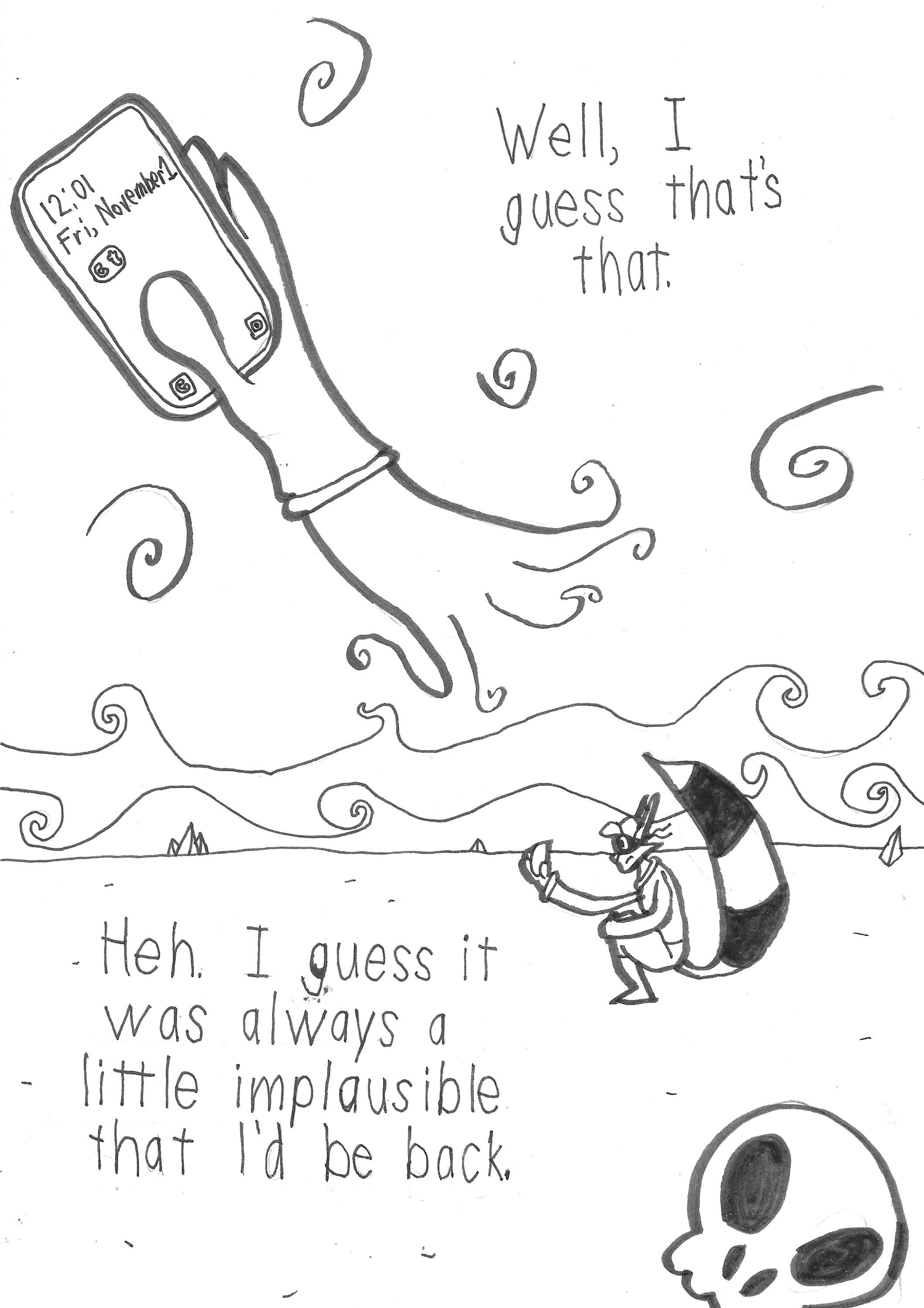 Sly Cooper looks at a cell phone that says: November 1. Sly says, well, I guess that's that. Heh. I guess it was always a bit implausible that I'd be back. Sly Cooper is sitting alone in a desert, next to some pyramids.