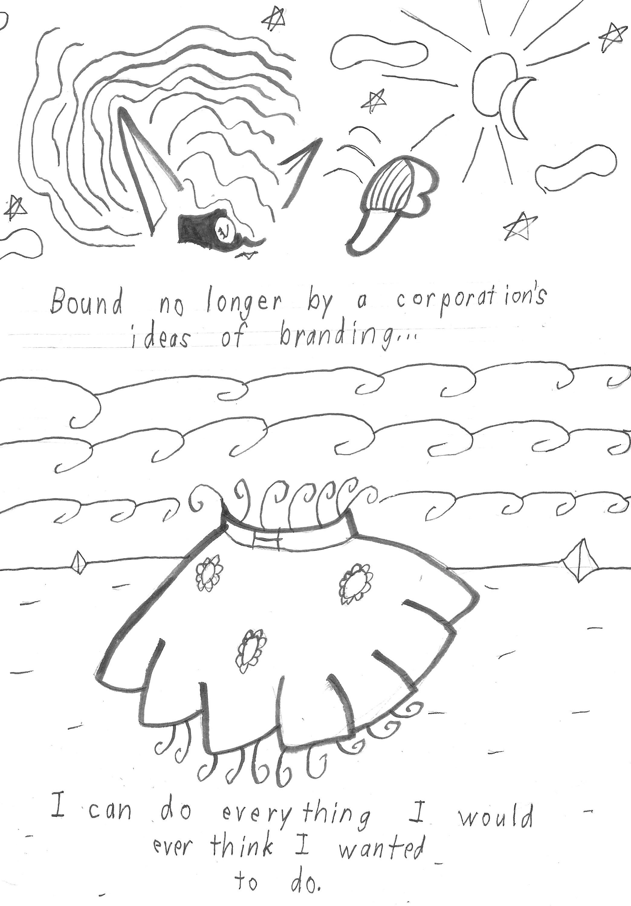 Sly's hair grows long and flowery, and a dress appears around her waist. Bound no longer by a corporation's idea of branding, she says, I can finally do everything I ever thought I wanted to do.